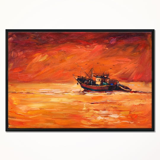 Designart - Fishing Boat in Red Hue - Seascape Canvas Art Print in Black Frame